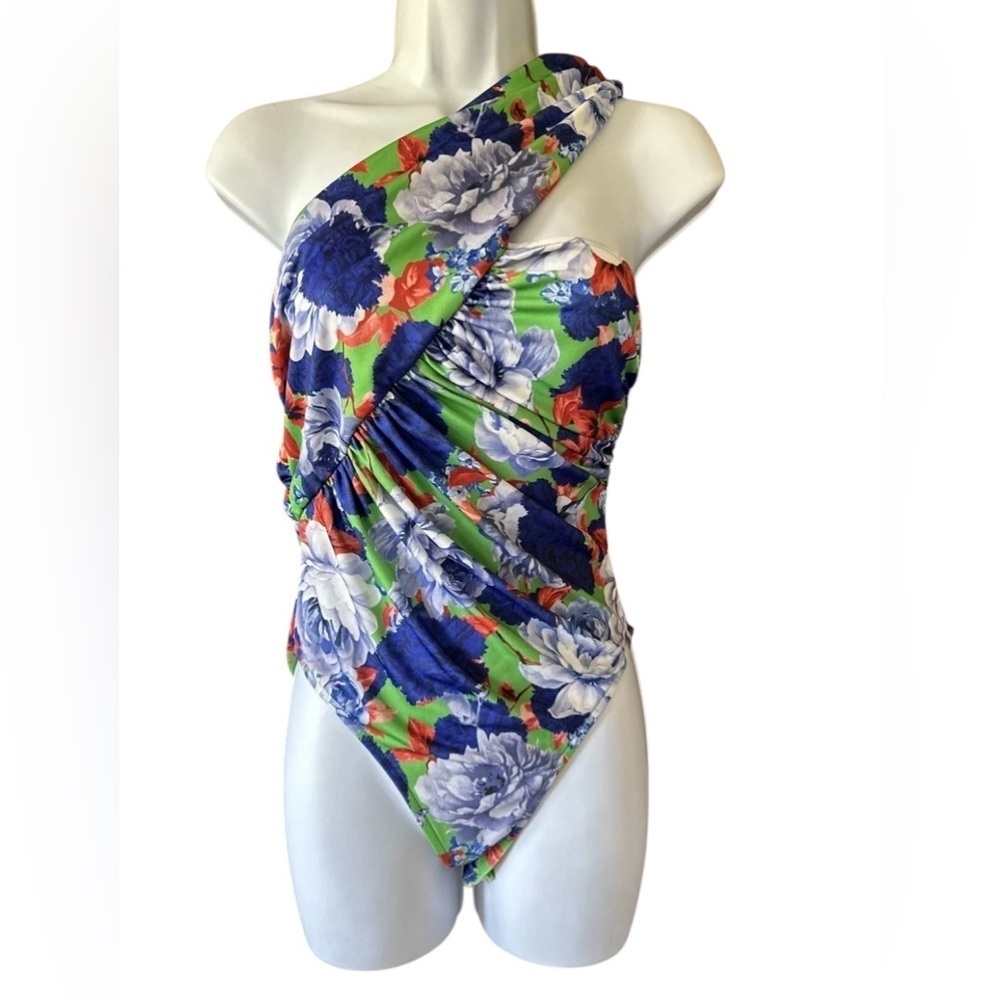 Zara Blue & Green Floral Asymmetrical Summer Resort Bodysuit Size Small NWT - Picture 4 of 9